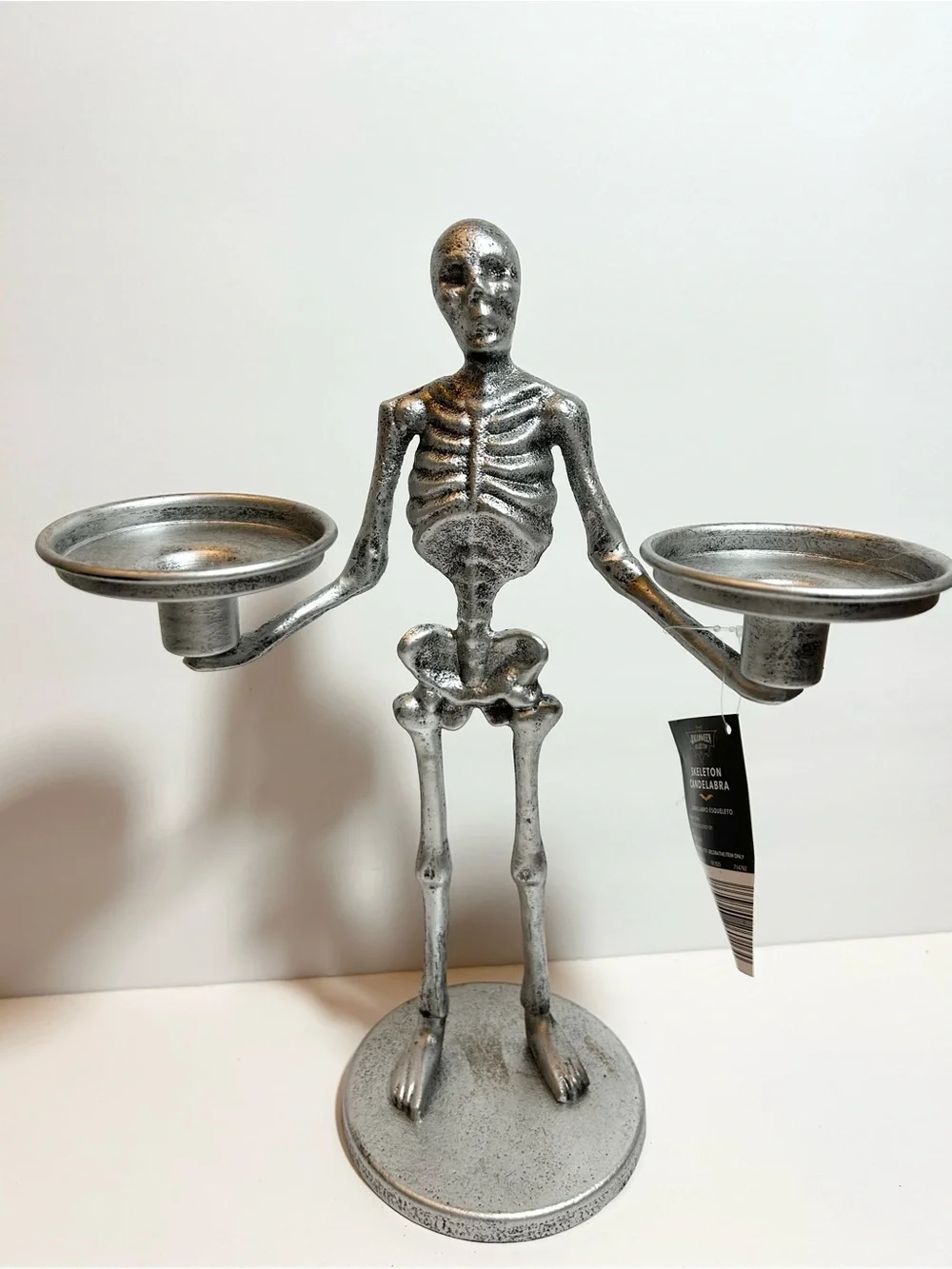Metal Silver Tone Skeleton Dual Candle Holder candelabra